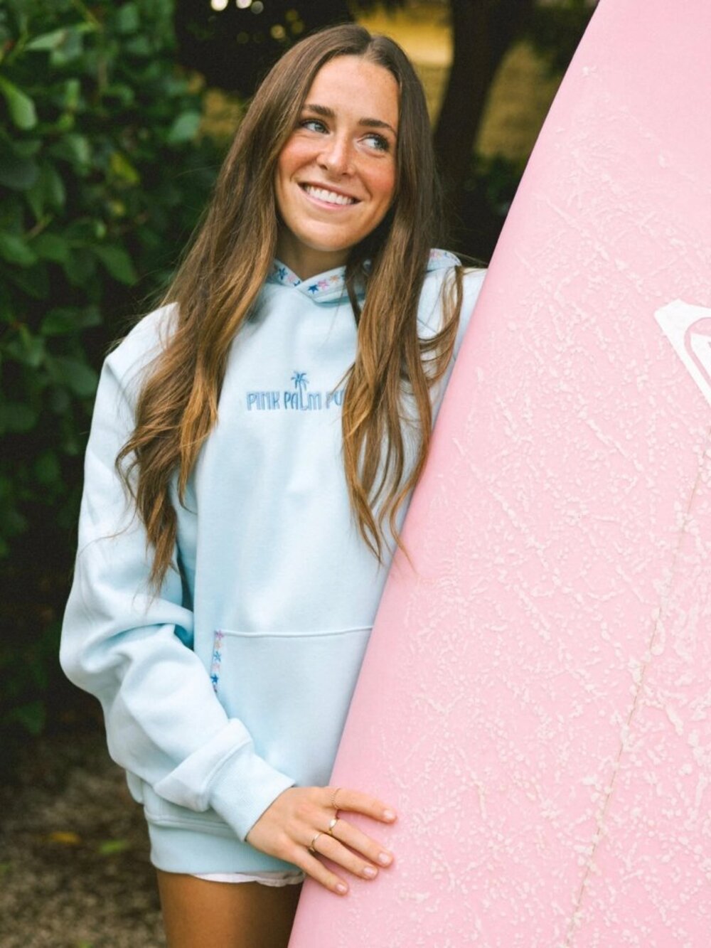 Pink Palm Puff Chase the Sun Relaxed Hoodie in Sky Blue, Size Large